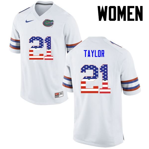 Women's NCAA Florida Gators Fred Taylor #21 Stitched Authentic USA Flag Fashion Nike White College Football Jersey QND2365JV